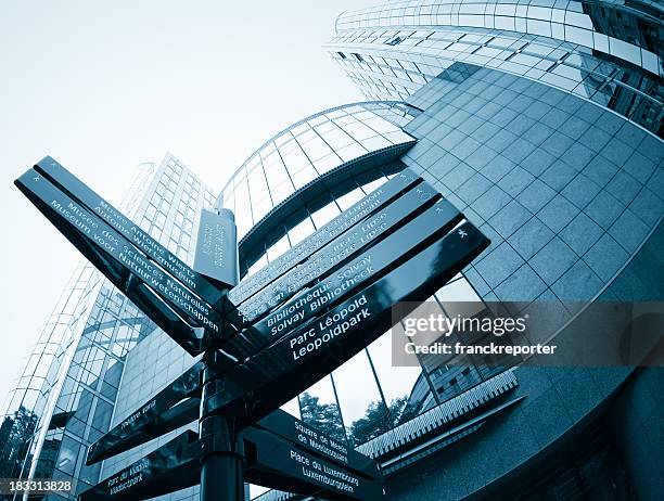 direction street route of european parliament in brussels - slovenia flag stock pictures, royalty-free photos & images