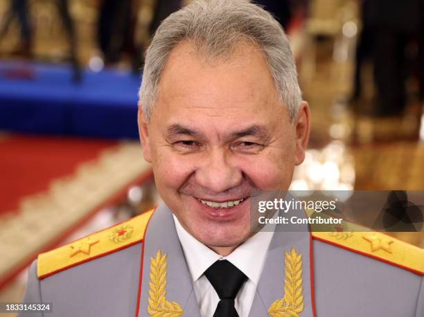 Russian Defence Minister Sergei Shoigu smiles during the award ceremony, marking the Heroes of Russia Day, on December 8, 2023 in Moscow, Russia....