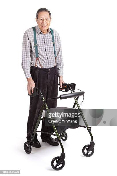 senior asian man with orthopedic walker, full body, white background - man standing full body stock pictures, royalty-free photos & images