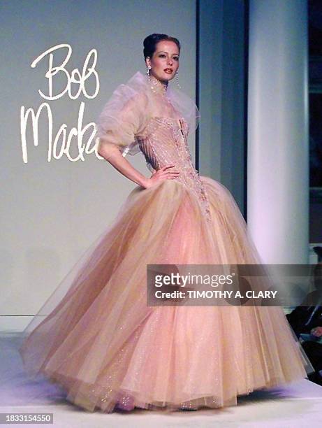 Model wears a blush, lavender and peach tulle ball gown during the Bob Mackie 1998 Spring/Summer fashion collection at the Chelsea Piers in New York...