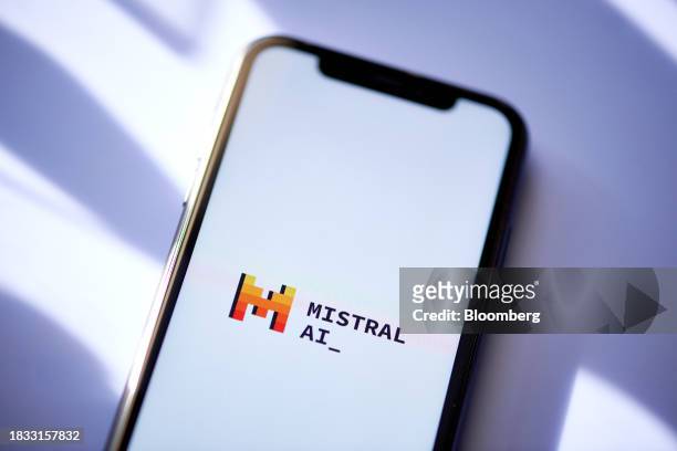 The Mistral AI logo on a smartphone arranged in New York, US, on Friday, Dec. 8, 2023. Mistral AI is in the final stages of raising roughly 450...