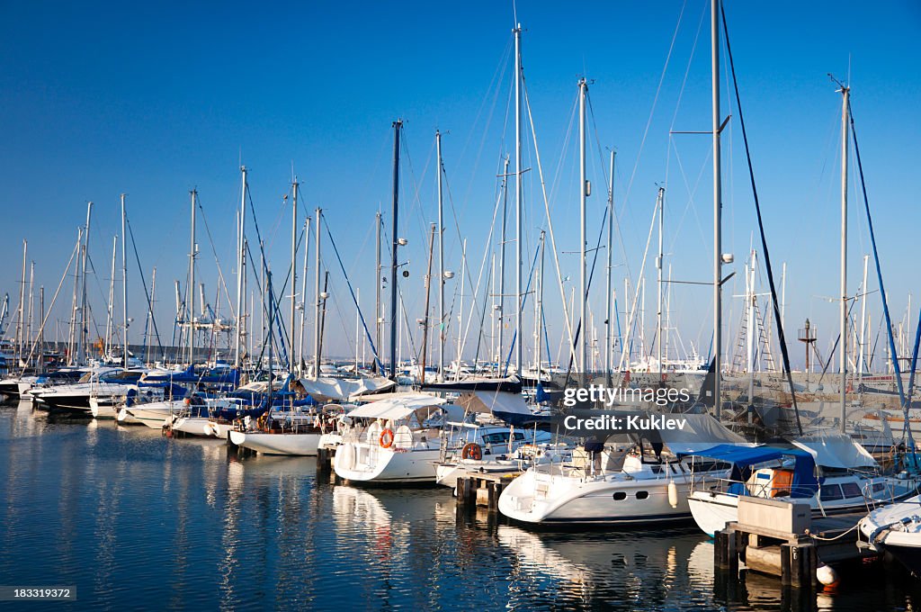 Several yachts docked at the harbor