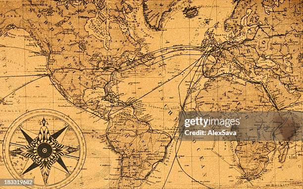 antiguo mapa del mundo - used fotografías e imágenes de stock