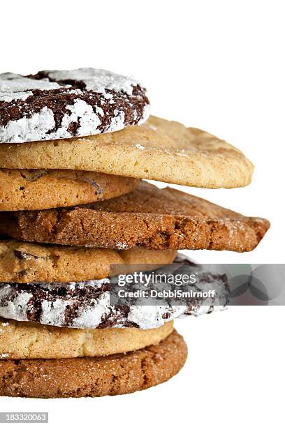 assorted cookies stack isolated on white - chocolate chip cookie on white stock pictures, royalty-free photos & images