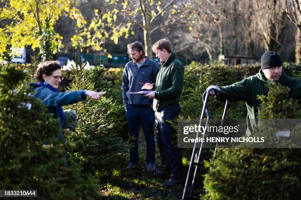 Jonathan Mearns, Director of London Christmas Tree Rental , and colleague Dan Nicholas , help customers relocate Christmas trees from a previous year...