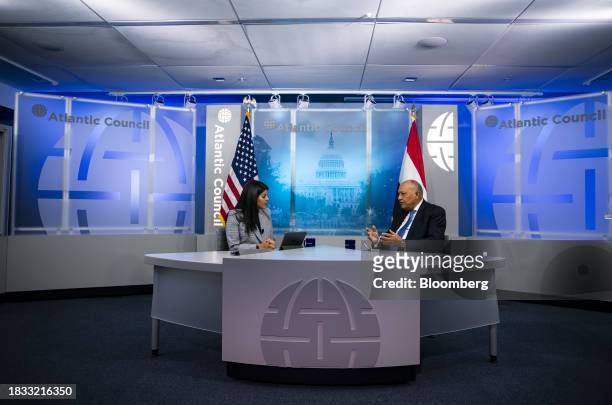 Sameh Shoukry, Egypt's foreign affairs minister, right, speaks during an event at the Atlantic Council in Washington, DC, US, on Friday, Dec. 8,...