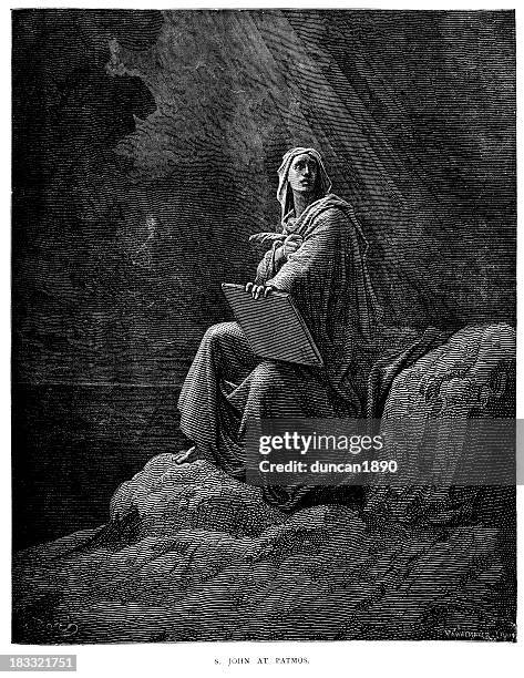 saint john at patmos - john the baptist stock illustrations