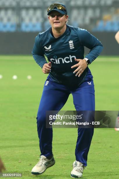 Sarah Glenn of England warms up during a net session at Wankhede Stadium on December 8, 2023 in Mumbai, India.