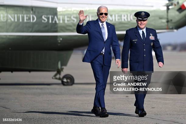 President Joe Biden walks to board Air Force One at Joint Base Andrews in Maryland on December 8, 2023. Biden will travel to Las Vegas, Nevada, to...