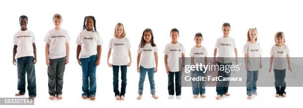 charakter bildung eigenschaften auf t-shirts - young man white tshirt stock-fotos und bilder