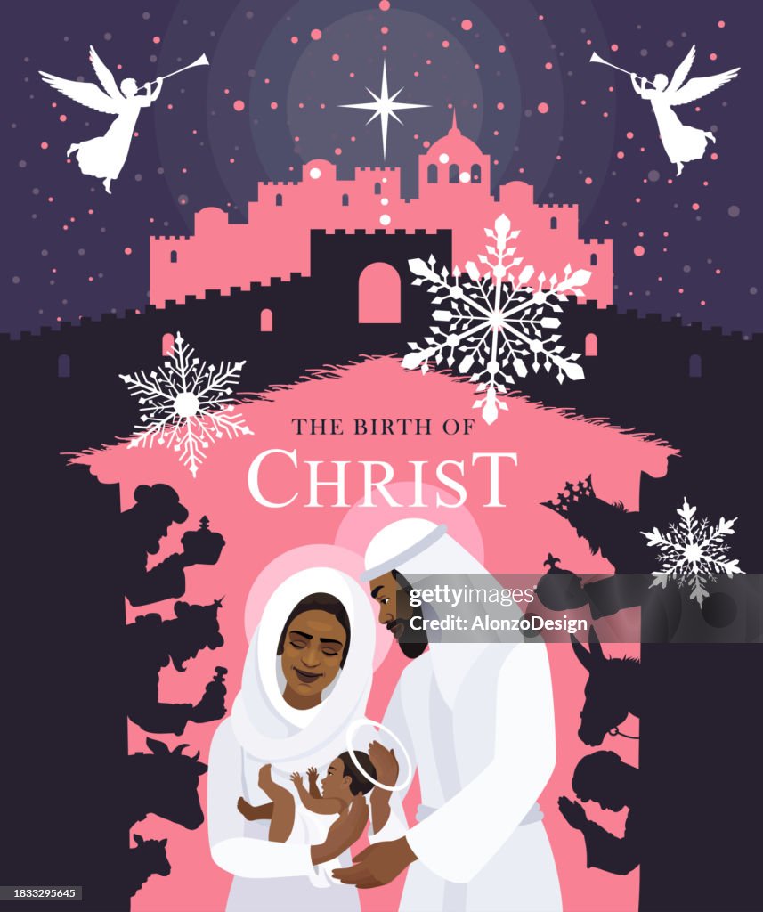 Nativity Scene. The Birth of Christ. Three wise men. Christmas scene. The Holy Family - Mary cradling the child, Joseph by her side - illustrated as individuals of African heritage.
