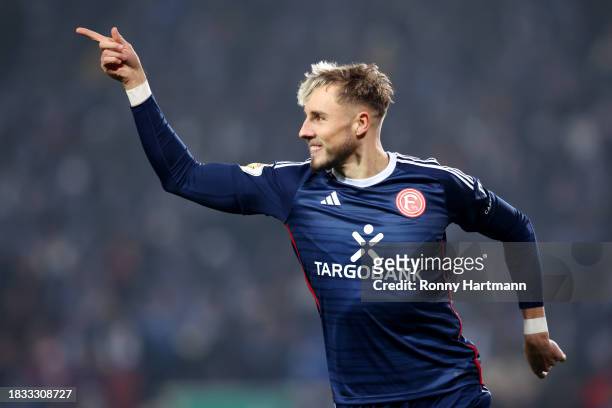 Jona Niemiec of Fortuna Duesseldorf celebrates after scoring the team's first goal during the DFB cup round of 16 match between 1. FC Magdeburg and...