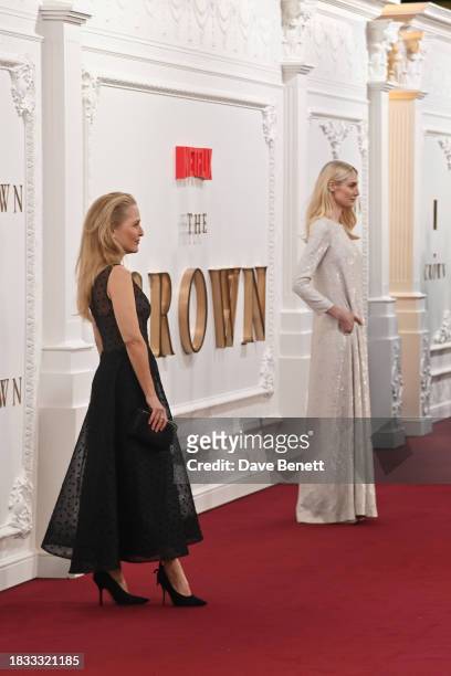 Gillian Anderson and Elizabeth Debicki attend "The Crown" Season 6 finale celebration at The Royal Festival Hall on December 5, 2023 in London,...