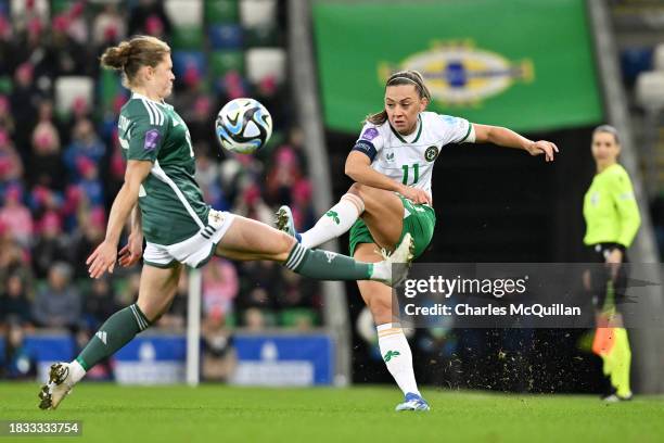 Caragh Hamilton of Northern Ireland and Katie McCabe of Republic of Ireland battle for the ball during the UEFA Womens Nations League match between...