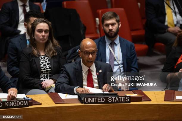 Ambassador to the UN Robert A. Wood speaks during a United Nations Security Council meeting on Gaza, at UN headquarters in New York City on December...