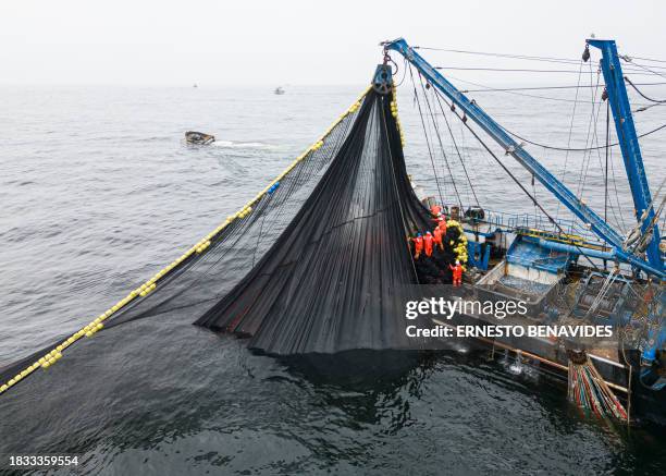 Aerial image of an anchovy fishing boat fishing 5 miles from the shore off Lima on November 19, 2023. El Niño, the climatic phenomenon that...