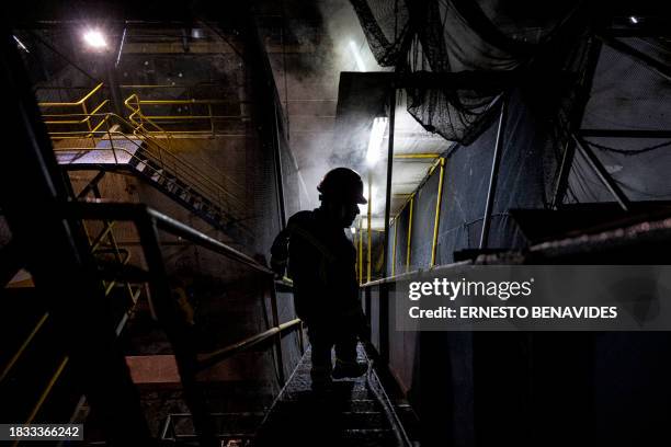 Worker monitors the landing of anchovy inside a fishmeal factory in Chancay, 78 km north of Lima, on November 15, 2023. El Niño, the climatic...