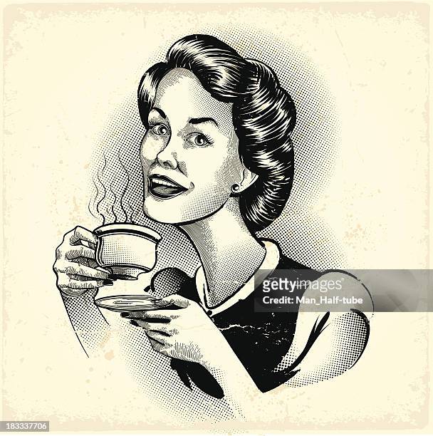 kaffee trinkende frau - geschirr vintage stock-grafiken, -clipart, -cartoons und -symbole