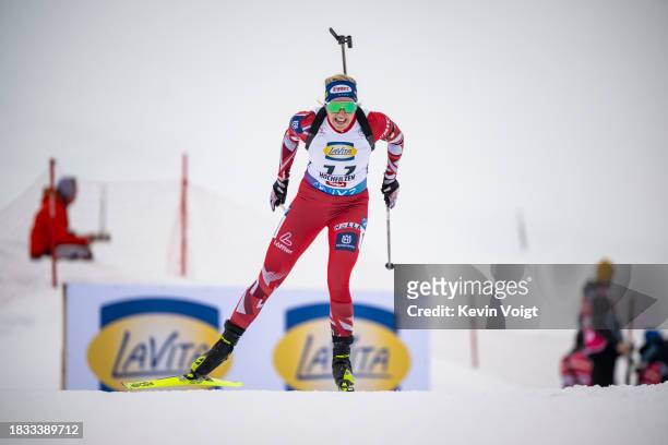 Lisa Theresa Hauser of Austria in action competes during the Women 7.5 km Sprint at the BMW IBU World Cup Biathlon Hochfilzen on December 8, 2023 in...