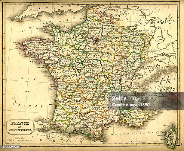 antquie map of france in departments - rhone valley stock illustrations