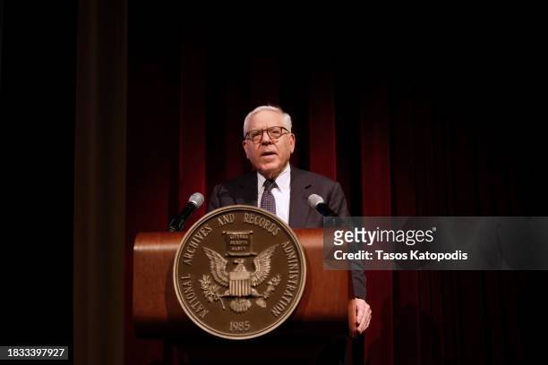David M. Rubenstein speaks on stage during National Archives Foundation Records of Achievement Award Ceremony and Gala 2023 at National Archives...