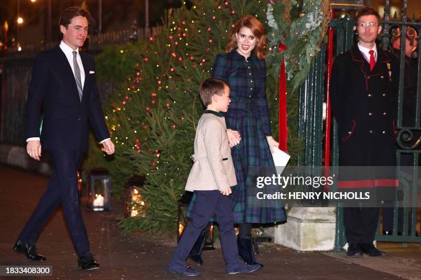 Britain's Princess Beatrice of York , her husband Edoardo Mapelli Mozzi and stepson Christopher arrive to attend the "Together At Christmas" Carol...