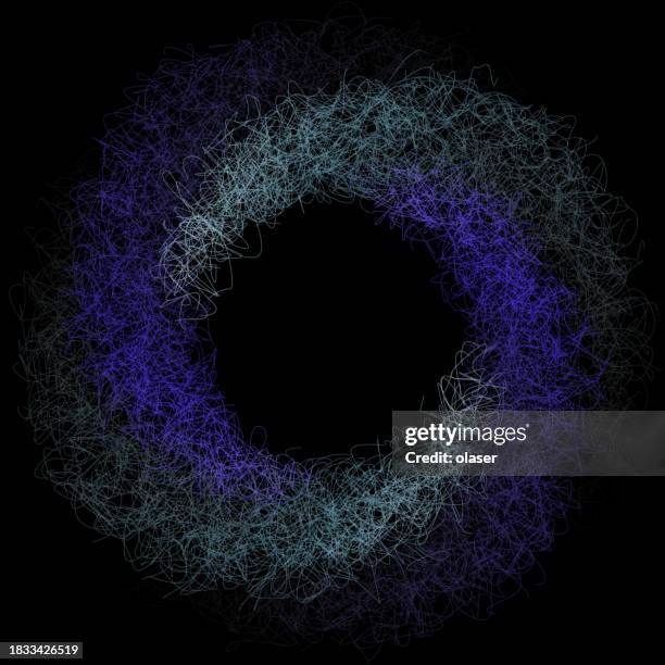 blue uneven fine line scribble circular vortex pattern on black. - braided circle stock illustrations