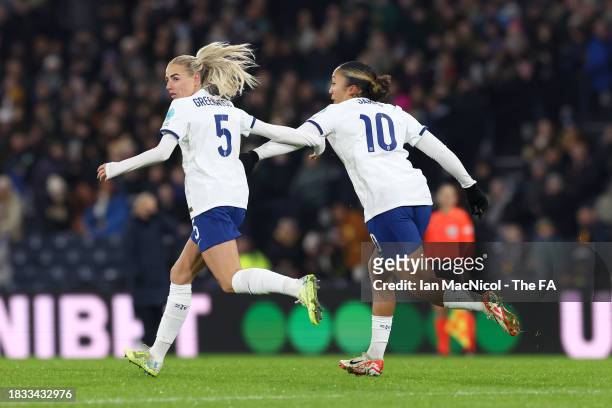 Alex Greenwood of England celebrates after scoring the team's first goal with teammate Lauren James during the UEFA Womens Nations League match...