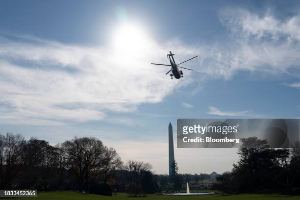 Marine One, with US President Joe Biden on board, departs the South Lawn of the White House in Washington, DC, US, on Friday, Dec. 8, 2023. House...