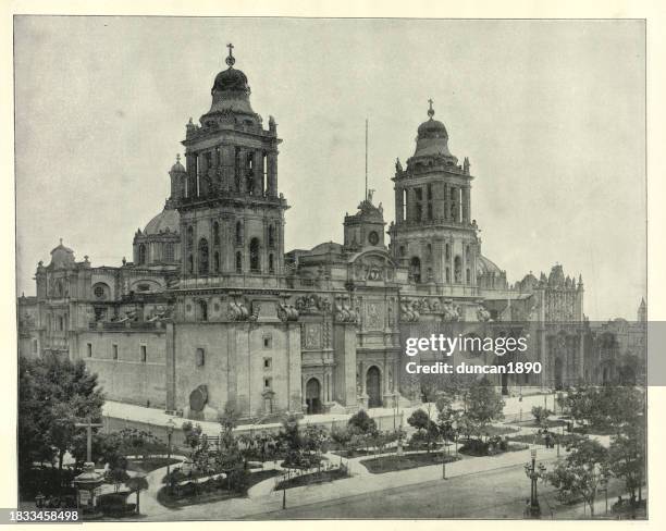 mexico city metropolitan cathedral, mexican, gothic, plateresque, baroque, neoclassical, architecture, victorian 19th century - mexico city stock illustrations