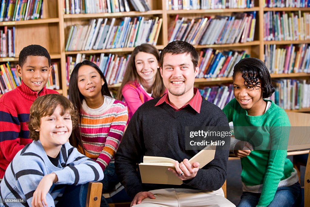 Teacher or librarian reading to group of children