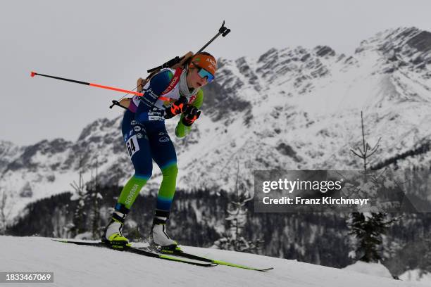 Lena Repinc of Slovenia competes during the Women 7.5 km Sprint at the BMW IBU World Cup Biathlon Hochfilzen on December 8, 2023 in Hochfilzen,...