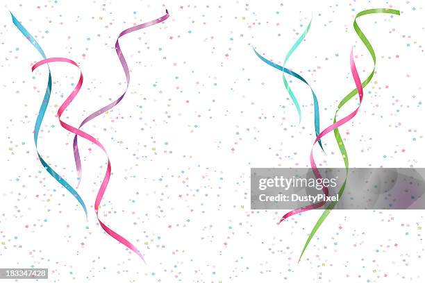 colorful background featuring confetti and party streamers - streamer stock pictures, royalty-free photos & images