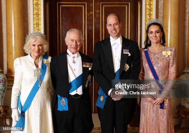 Queen Camilla, King Charles III, Prince William, Prince of Wales and Catherine, Princess of Wales pose for a photograph ahead of The Diplomatic...