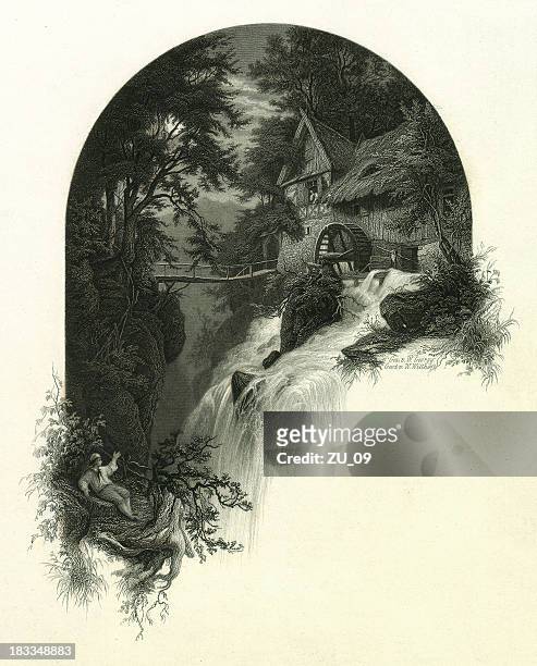 stockillustraties, clipart, cartoons en iconen met mill on the waterfall, steel engraving, published in 1867 - waterrad