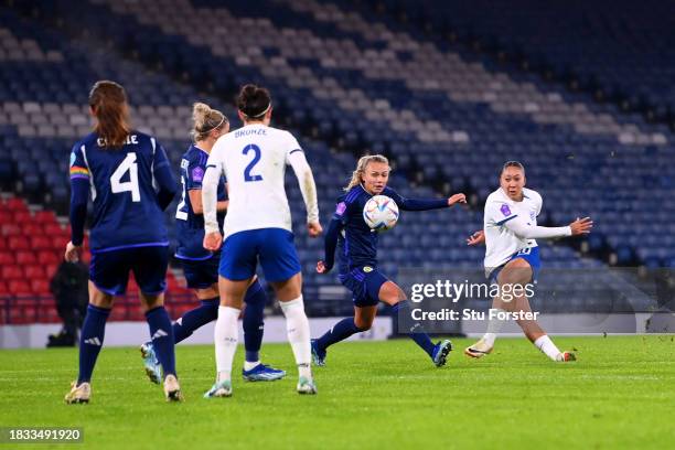 Lauren James of England scores the team's second goal during the UEFA Womens Nations League match between Scotland and England at Hampden Park on...