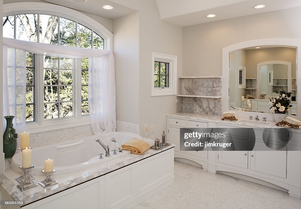 Custom white toned master bathroom with hot tub tub.