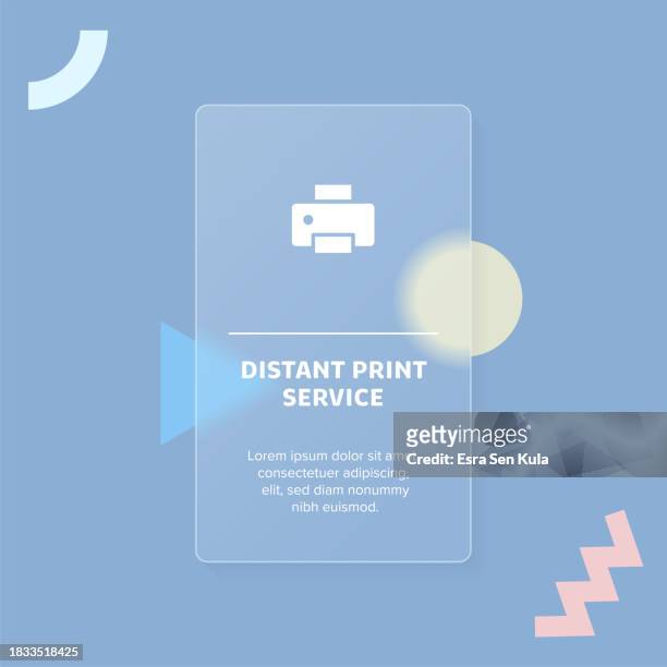 ilustrações de stock, clip art, desenhos animados e ícones de distant print service solid icon concept web banner with trendy blurry glass morphism effect - distant