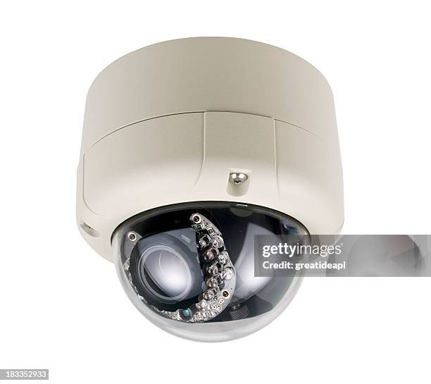dome security camera with ir illuminator - security camera on white stock pictures, royalty-free photos & images
