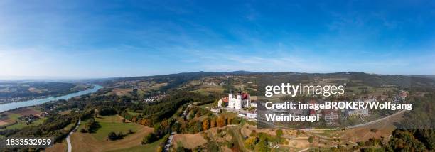 drone image, pilgrimage site maria taferl with basilica and view to the danube, nibelungengau, waldviertel, lower austria, austria - maria taferl stock pictures, royalty-free photos & images