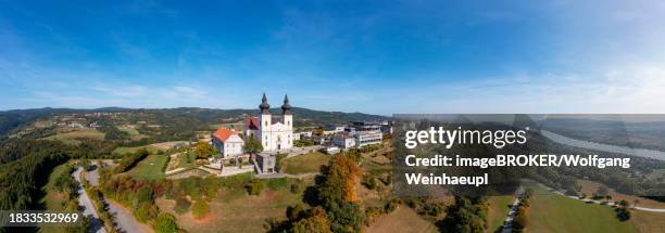 drone image, pilgrimage site maria taferl with basilica and view to the danube, nibelungengau, waldviertel, lower austria, austria - maria taferl stock pictures, royalty-free photos & images