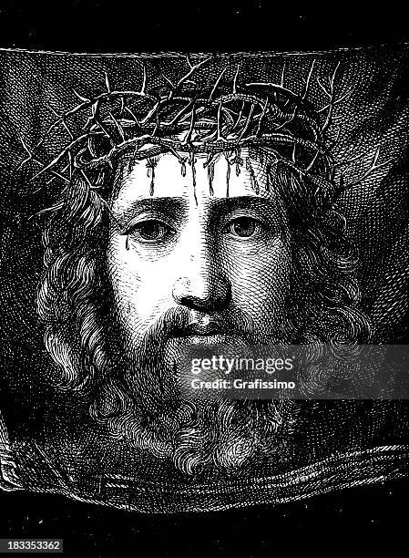 stockillustraties, clipart, cartoons en iconen met engraving jesus christ with crown of thorns from 1870 - golgotha jeruzalem