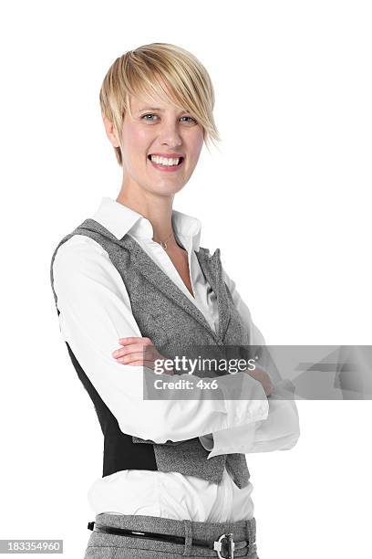 businesswoman standing with arms crossed - waistcoat isolated stock pictures, royalty-free photos & images