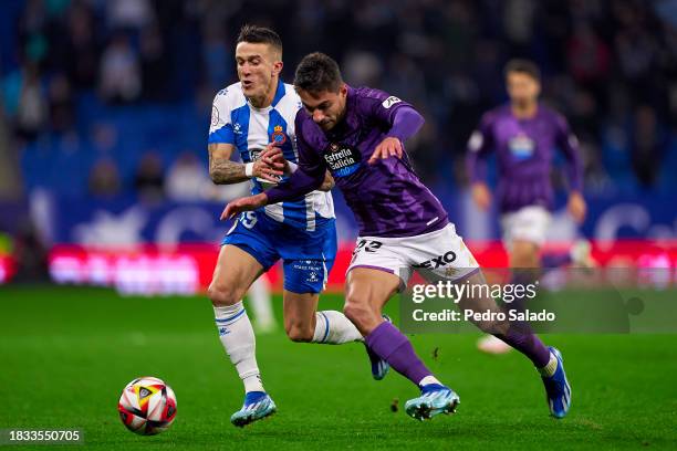 Salvi Sanchez of RCD Espanyol competes for the ball with Lucas Rosa of Real Valladolid during the Copa del Rey second round match between RCD...