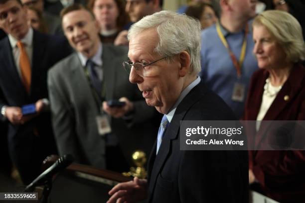Senate Minority Leader Sen. Mitch McConnell speaks during a news briefing after a weekly Senate Republican Policy Luncheon at the U.S. Capitol on...