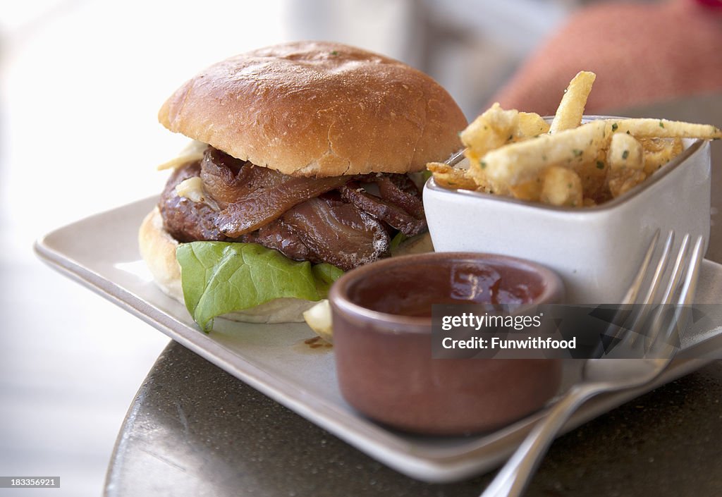 Bacon & Cheeseburger, Hamburger, Burger with Swiss Cheese & French Fries