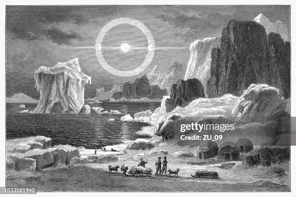 a coast in the polar region, wood engraving, published in 1894 - iceberg drawing stock illustrations