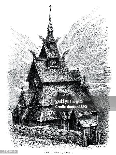 borgund stabkirche norwegen - thatched roof stock-grafiken, -clipart, -cartoons und -symbole
