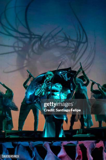 Bjork performs on stage during a concert of her tour "Cornucopia" on December 05, 2023 in Floirac, France.