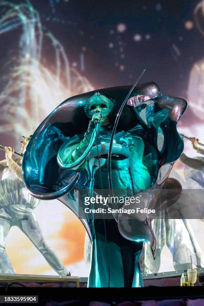 Bjork performs on stage during a concert of her tour "Cornucopia" on December 05, 2023 in Floirac, France.